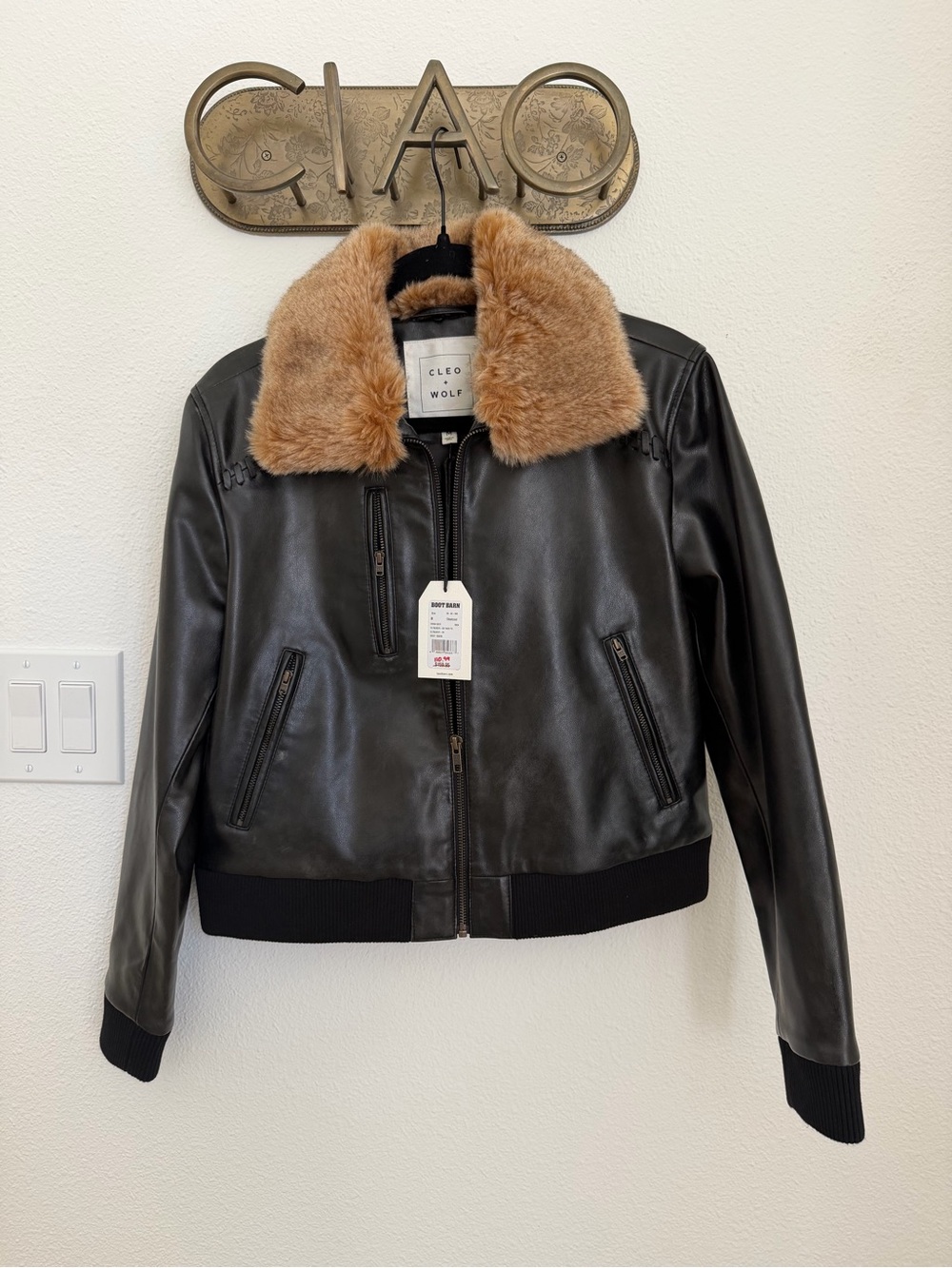 Cleo + Wolf Black Leather Bomber Jacket with Tan Faux Fur Collar